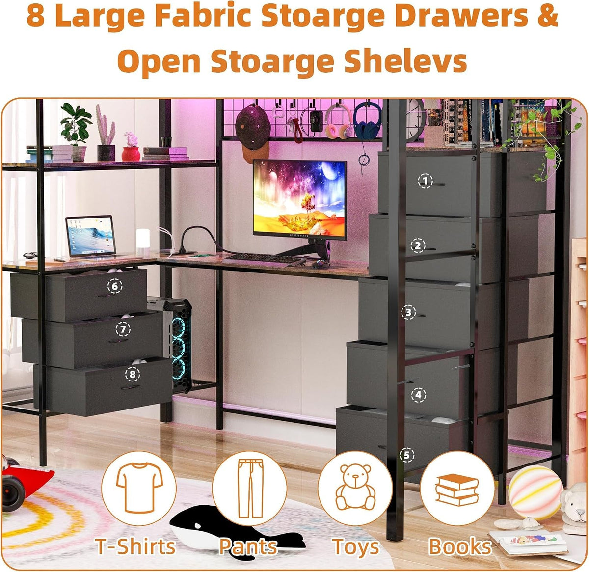 twin-size-loft-bed-with-l-shaped-desk-rgb-led-lights-power-outlet-metal-loft-bed-frame-with-8-fabric-drawers-open-shelves-hanging-hooks-gaming-for-teens-kids-bedroom-black