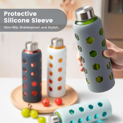 18 Oz Glass Water Bottles with Lids & Silicone Sleeves, 4-Pack | BPA Free, Leak-Proof Reusable Glass Drinking Bottles with Stainless Steel Airtight Cap for Juicing, Dishwasher Safe, Non-Slip4
