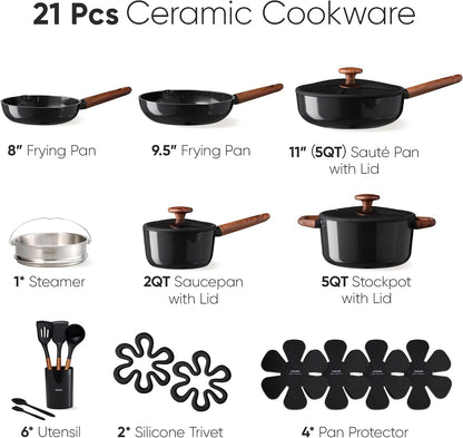 21Pcs Cookware Set Nonstick Pots and Pans Set, Ceramic Cookware Set Induction Cookware, Non Toxic Healthy Non Stick Kitchen Cooking Set, PFAS PTFE Free, Black2