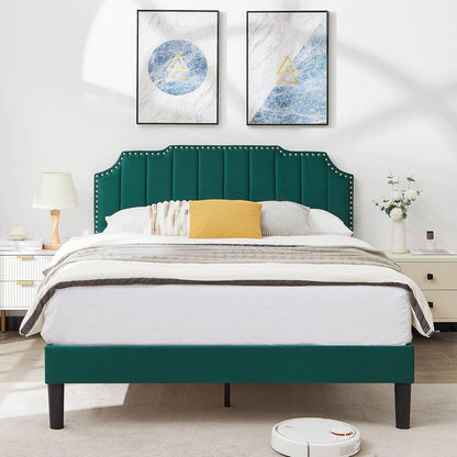 Full Size Velvet Upholstered Platform Bed Frame with Nailhead Trim,Tufted Height Adjustable Headboard,Full Bed with Wooden Slats/Mattress Foundatio/No Box Spring Needed/Under Bed Storage1