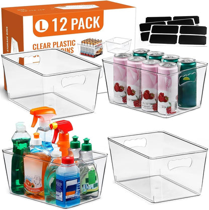 12 PACK LARGE Clear Storage Bins with Handles & Labels, Multiuse Plastic Pantry Organizer Bins for Home Kitchen, Fridge, Freezer, Cabinet, Closet, Bathroom, Shelf, Laundry, RV, under Sink Organization1