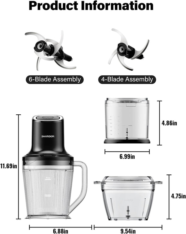 3-In-1 Small Food Processor/Blender, 400W Powerful Food Chopper with 6-Cup Jar, 4-Cup Processor Bowl & 2-Cup Chopper Bowl, for Food Prep, Smoothies and Milkshakes7
