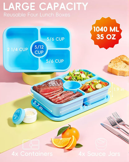 4 Pcs Bento Snack Box Containers, 4 Compartment Divided Stackable Food Storage Containers with Lids, Meal Prep Lunch Container with Sauce Cups2