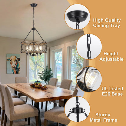 4-Light Farmhouse Chandelier, Rustic Faux Wood Chandeliers Dining Room Light Fixture, round Pendant Light, Hanging Kitchen Island Light for Living Room, Entryway, Foyer-Black & Wood Grain3