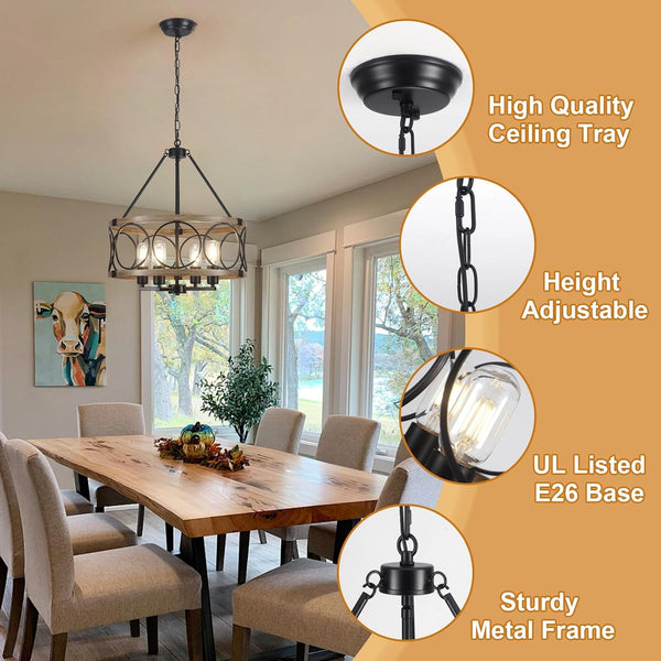 4-Light Farmhouse Chandelier, Rustic Faux Wood Chandeliers Dining Room Light Fixture, round Pendant Light, Hanging Kitchen Island Light for Living Room, Entryway, Foyer-Black & Wood Grain3