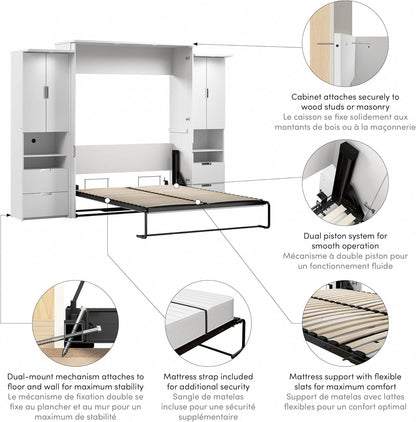 Queen Murphy Bed with Storage Cabinet, White, Lumina, 114W9