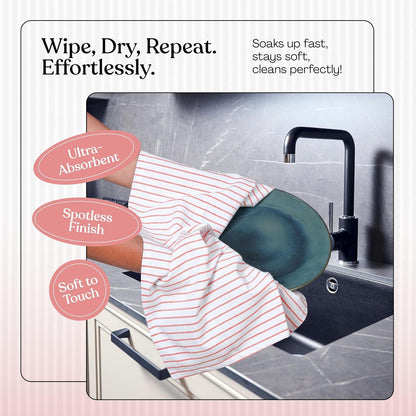 Red Stripe Cotton Kitchen Towels Set of 12, Durable & Super Absorbent Dishcloths Pack, Classic Stripe Towel Set, Quick Dry Towels for Daily Kitchen Use, Wiping & Drying Dishes3