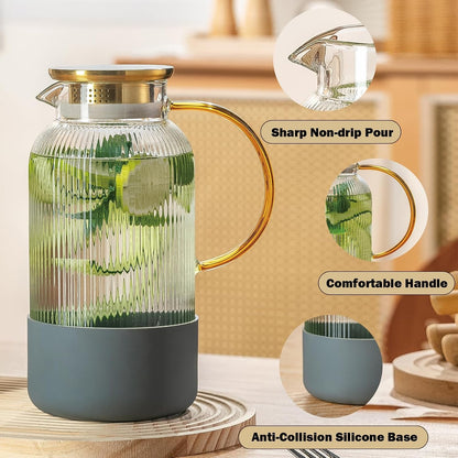 2 PACK Glass Pitcher with Lid, 68 Oz Glass Carafe with Silicone Base | 2L Classic Vertical Stripes Glass Water Jug with Handle,Glass Water Carafe for Cold Brew,Milk, Iced Sun Tea,Beverage,Cold/Hot3