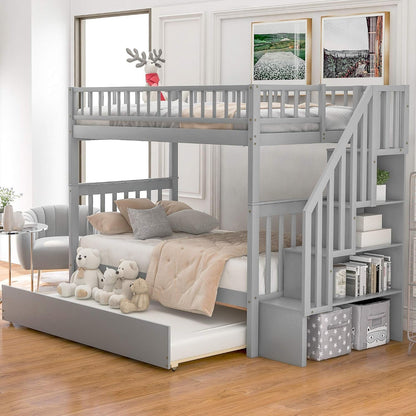 Twin-Over-Twin Bunk Bed with Trundle and Storage Staircase, Solid Wood 3 in 1 Twin Size Stairway Bunk Bed with Trundle, Grey4