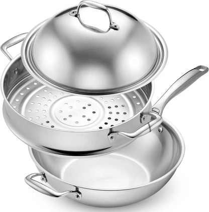 5-Ply Stainless Steel Wok Set, 12-Inch 5-Quart with Lid and Steamer - Induction Compatible, Oven Safe 800°F - Non-Toxic, No Coatings - Even Heating - Built to Last Generations1