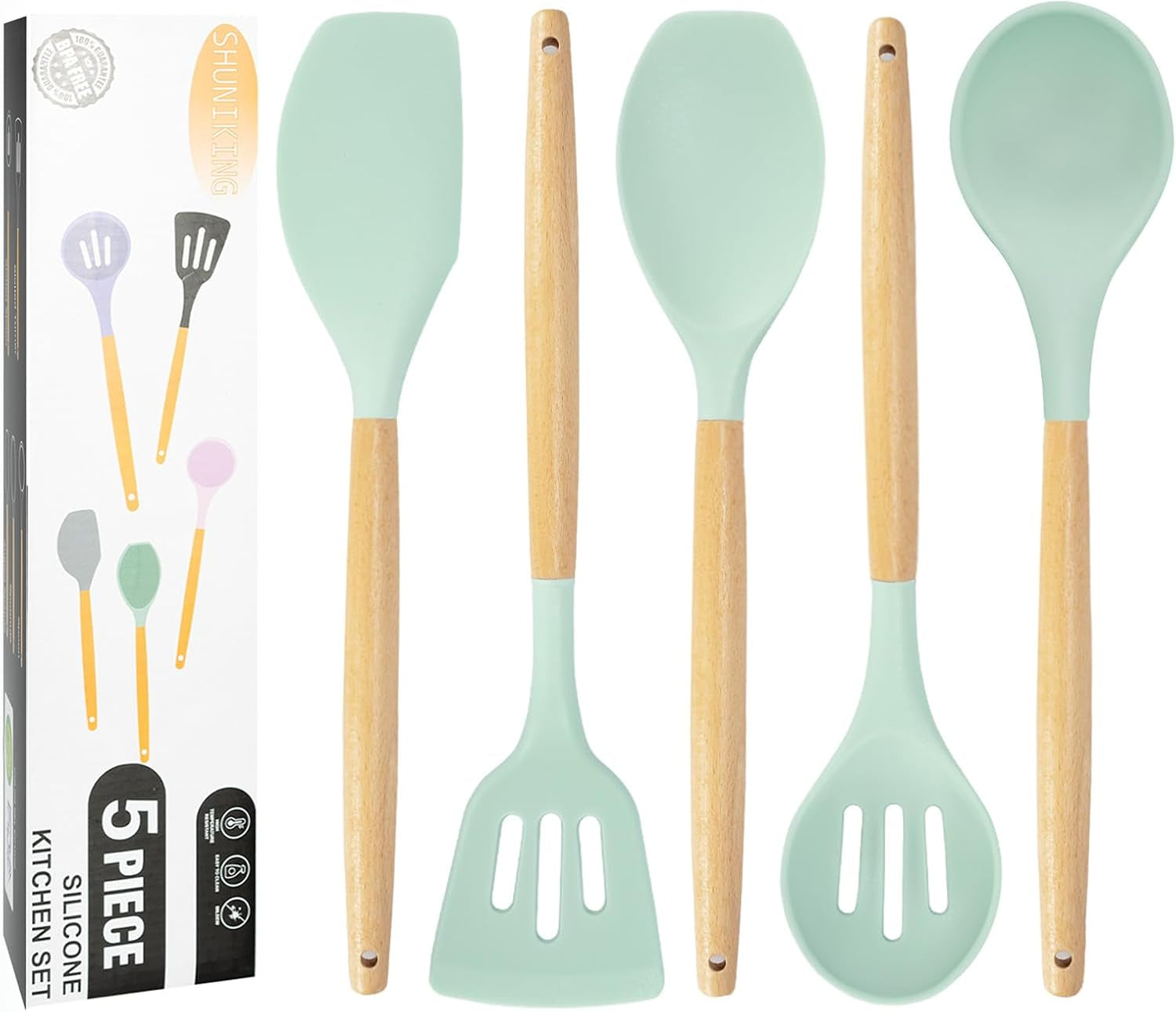 kitchen-utensils-set-5-pcs-non-stick-silicone-kitchen-cooking-utensils-with-wooden-handle-kitchen-spatula-cookware-utensils-set-heat-resistant-silicone-kitchen-gadgets-light-green