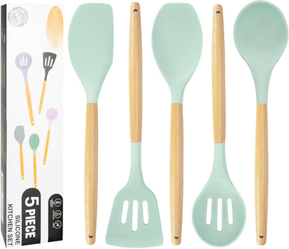 Kitchen Utensils Set, 5 Pcs Non-Stick Silicone Kitchen Cooking Utensils with Wooden Handle, Kitchen Spatula Cookware Utensils Set, Heat Resistant Silicone Kitchen Gadgets (Light Green)1