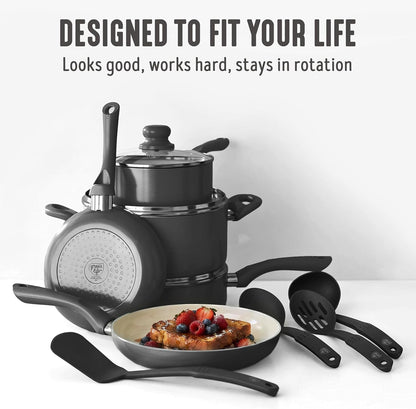 16Pc Ceramic Nonstick Pots & Pans Cookware Set, Graphite Black | Pfas-Free Nonstick Coating, Stockpot, Frying Pans, Saucepan, Sauté, Induction Ready, All Stovetop Compatible, Dishwasher Safe3