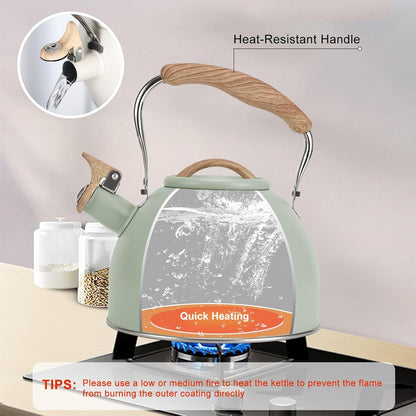 Tea Kettle,  100 OZ / 3 Liter Whistling Tea Kettle, Tea Pots for Stove Top Food Grade Stainless Steel with Wood Pattern Folding Handle, Loud Whistle Kettle for Tea, Coffee, Milk (Green)4