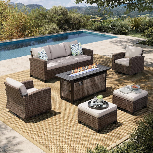 Swivel Glide Patio Furniture Set with Fire Pit Table Wicker1