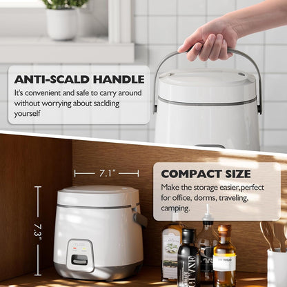 Mini Rice Cooker, 2-Cup Uncooked, 1.2L with Steamer Tray, Gray | Nonstick Coating, Steamer Tray, 1.2L Capacity for 1-2 People, for Rice, Oatmeal, Grains, Vegetables, Dorms and Travel3