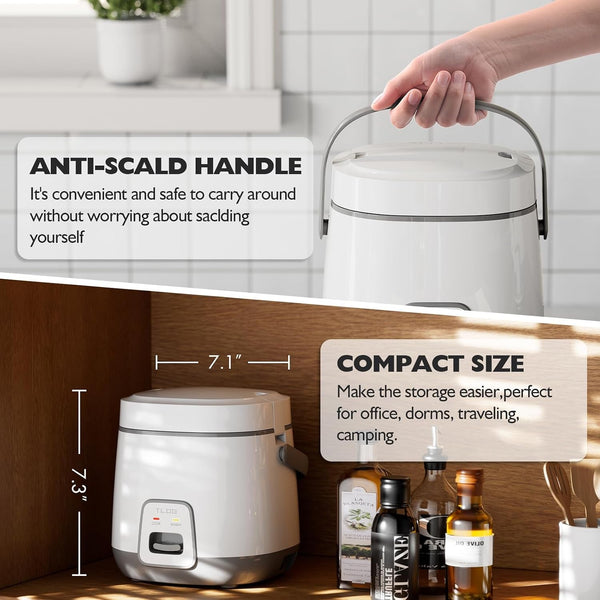 Mini Rice Cooker, 2-Cup Uncooked, 1.2L with Steamer Tray, Gray | Nonstick Coating, Steamer Tray, 1.2L Capacity for 1-2 People, for Rice, Oatmeal, Grains, Vegetables, Dorms and Travel3