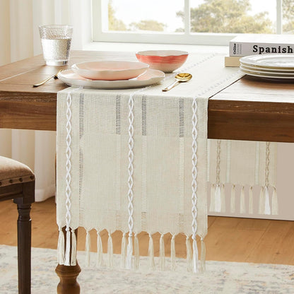 Hemstitched Farmhouse Table Runner, Beige 13X108 Inch, Cotton Linen Table Runners 108 Inches Long, Embroidered Striped Beige Boho Table Runner Rustic Home Decor1