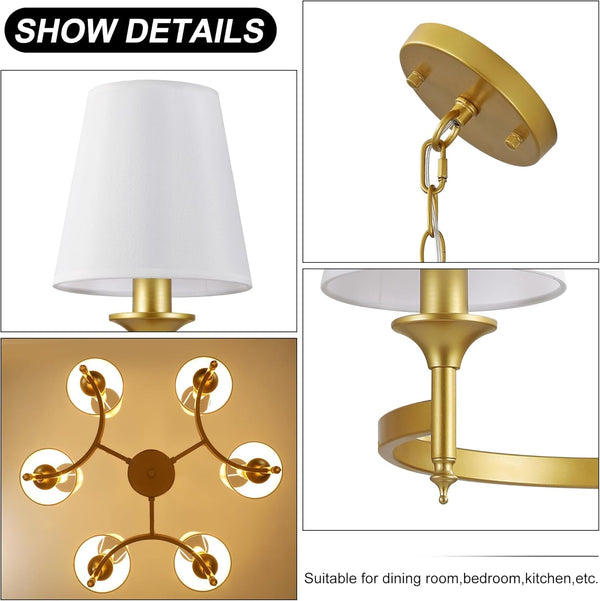 Gold Chandelier with White Shades, 6-Light Modern Farmhouse Chandeliers for Dining Room, Rustic round Hanging Light Fixture for Kitchen Island Bedroom Office Living Room Entryway7