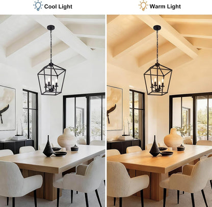 4 Light Chandelier, Industrial Ceiling Light Black Lantern Light Fixtures with Farmhouse Metal Cage Adjustable Height Rustic Geometric Hanging Light E12 Base for Kitchen Island, Entryway, Indoor4