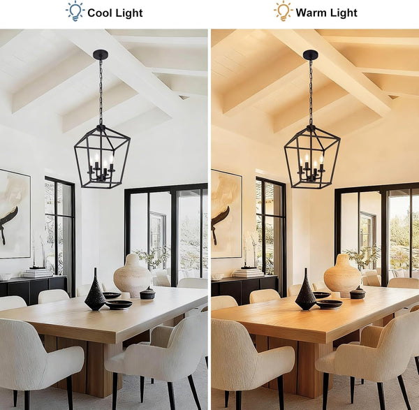 4 Light Chandelier, Industrial Ceiling Light Black Lantern Light Fixtures with Farmhouse Metal Cage Adjustable Height Rustic Geometric Hanging Light E12 Base for Kitchen Island, Entryway, Indoor4