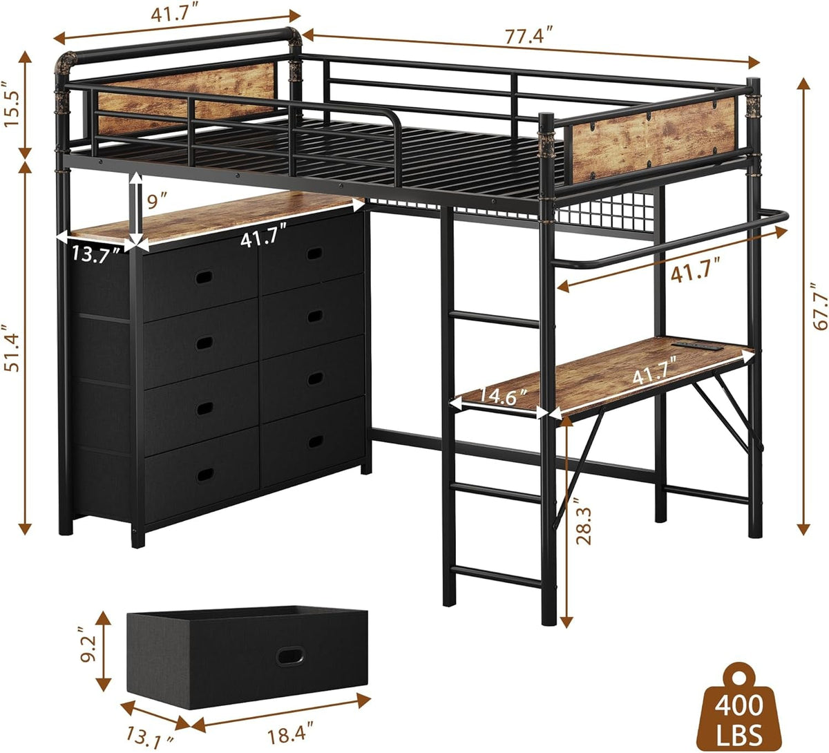 twin-loft-bed-with-desk-and-8-storage-drawers-metal-loft-bed-twin-size-with-led-lights-charging-station-bed-frame-with-hanging-rod-safety-guardrail-ladder-for-kids-teens-rustic-brown