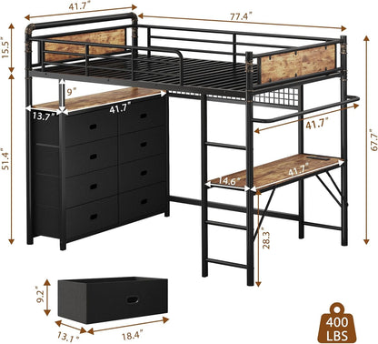 Twin Loft Bed with Desk and 8 Storage Drawers, Metal Loft Bed Twin Size with LED Lights & Charging Station, Bed Frame with Hanging Rod, Safety Guardrail & Ladder, for Kids & Teens (Rustic Brown)2