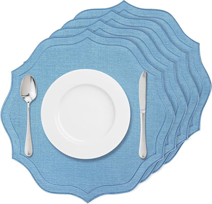 Set of 4 Cotton Linen Placemats, 15X15 round Scalloped Cloth Table Mats, Embroidery Machine Washable, Wrinkle Resistance Fabric Place Mats for Wedding Summer Baby Shower Party Table Decor-Blue1