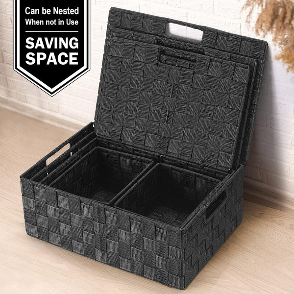 Storage Baskets with Lids: 5 Pack Stackable Woven Storage Bins, Black7