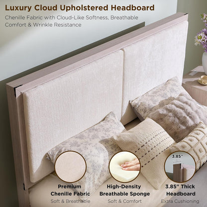 King Bed Frame W/Upholstered Headboard,Storage Bench,White Alder4