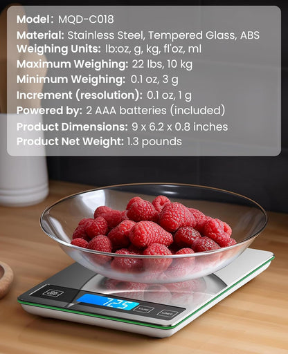 Food Scale 22Lb Digital Kitchen Scale for Cooking Baking | 1G/0.1Oz Precise Graduation, Backlit LCD, Tare Function, Weight Grams and Oz, Easy Clean Stainless Steel and Tempered Glass7