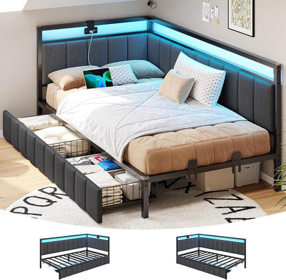 Twin Corner Bed Frame with 2 Storage Drawers and Charging Station Twin Bed Frames with Storage and Led Lights Twin Size Daybed for Kids Teen with Upholstered Guardrail,No Box Spring Needed,Gray1