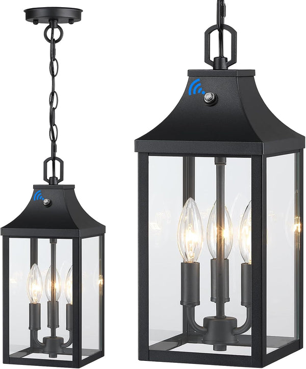 Large Outdoor Pendant Light Fixtures 3-Light, 15'' Dusk to Dawn Exterior Hanging Lantern Porch Light Adjustable, Black Hanging Lamp Farmhouse Exterior Chandelier Ceiling Mount for Entrance Patio1