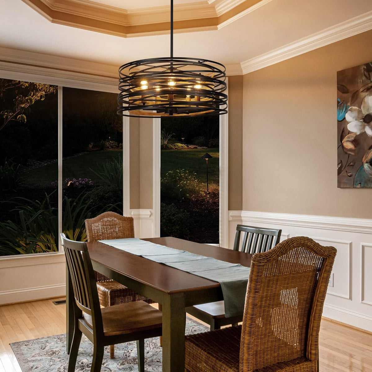 19-7-farmhouse-dining-room-light-fixture-5-light-metal-drum-chandelier-black-with-retro-wood-texture-interior