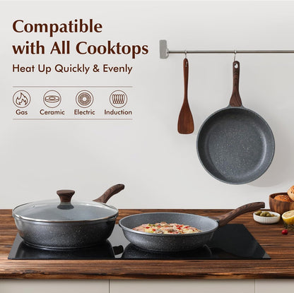 Nonstick Frying Pans, Grey(9.5+11+12.5 Inch) | Swiss Granite Coating, Free of PFOA&PFOS, Compatible with All Stoves Including Induction Cooktops, Easy to Clean6