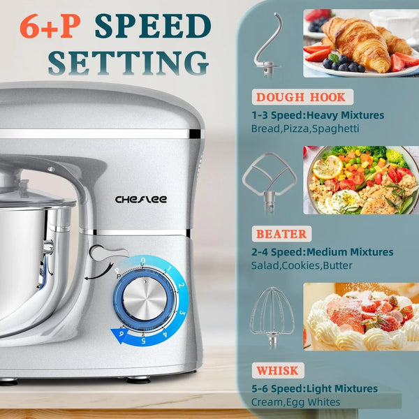 Stand Mixer 660W 6+P with 6.5 QT Stainless Steel Bowl, Dough Hook, Wire Whip & Beater, for Most Home Cooks (Silver)2