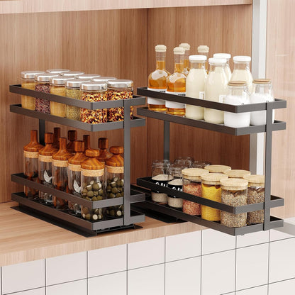 2 Pack Pull Out Spice Rack Organizer for Cabinet, 2 Tier Metal Slide Out Seasoning Organizer and Storage Heavy Duty Vertical Spice Rack Shelf Pullout for Kitchen Cabinets No Drilling (Black)1