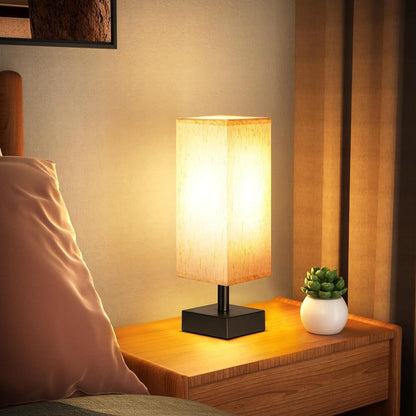 Small Bedside Table Lamp for Bedroom - Square Cream Fabric Shade4