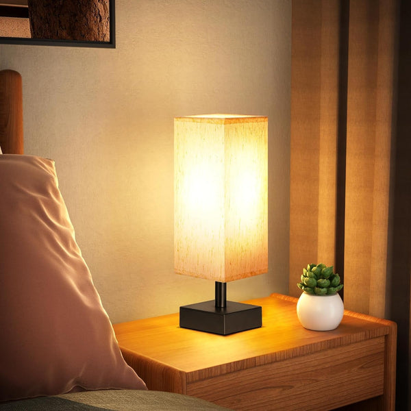 Small Bedside Table Lamp for Bedroom - Square Cream Fabric Shade4