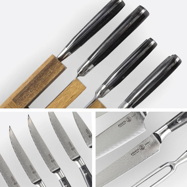 Avanta Damascus 10-Piece Ebony Pakkawood Knife Block Set - Japanese Damascus Stainless Steel - 4 Speciality Knives, Heavy-Weight Fork, 4 Steak Knives & Magnetic Knife Block4