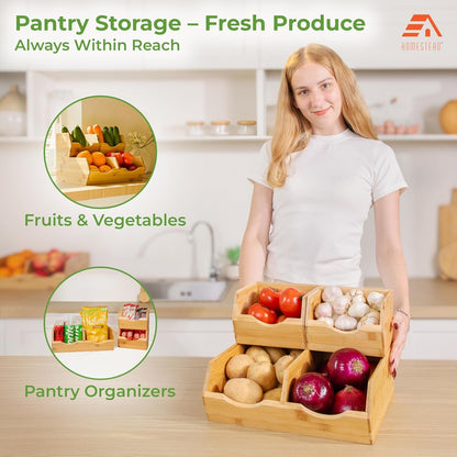 Bamboo Pantry Storage Bins – Stackable Potato & Onion Storage Bin for Kitchen Countertop, Pantry Organizer, Fruit Vegetable Basket, Multiuse - Set of 3 Slide-Out Access4