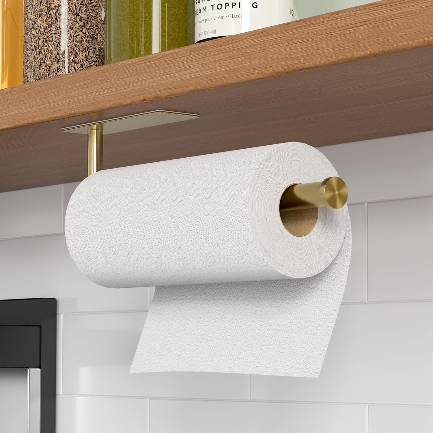 paper-towel-holder-under-cabinet-self-adhesive-no-drilling-stainless-steel-wall-mounted-for-kitchen-and-bathroom-easy-install-durable-space-saving-ideal-for-home-rv-gold-1-pack