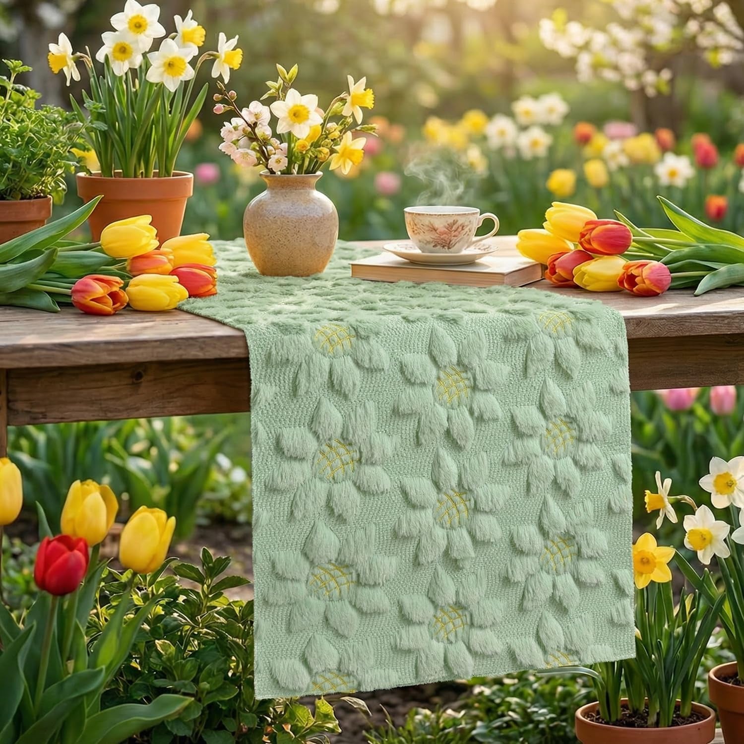 green-soft-plush-faux-fur-jacquard-embroidery-sunflower-spring-table-runner-kitchen-dining-table-decoration-for-home-party-decor-13x90-inch