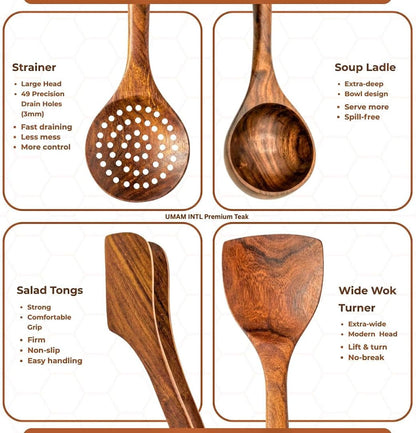 11-Piece Teak Wooden Utensil Set with Holder, Non-Toxic Natural Teak Cooking Utensils, Heat-Resistant Wooden Spatula, Wok Turner, Spaghetti Server, Soup Ladle, Whisk & Tongs8