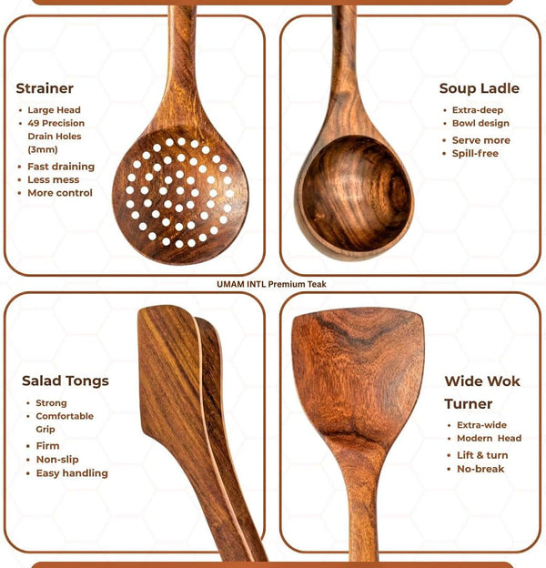 11-Piece Teak Wooden Utensil Set with Holder, Non-Toxic Natural Teak Cooking Utensils, Heat-Resistant Wooden Spatula, Wok Turner, Spaghetti Server, Soup Ladle, Whisk & Tongs8