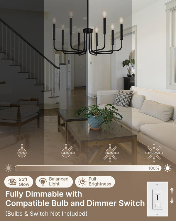 8 Light Black Chandelier, Farmhouse Chandelier for Dining Room Light Fixture Hanging, UL Listed Industrial Modern Chandelier for Bedroom, Foyer, Kitchen, Living Room, No Assembly Required8
