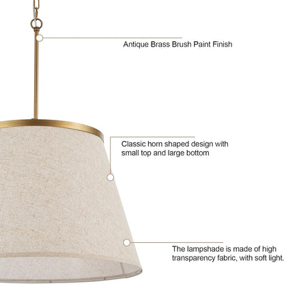 24" Boho Chandelier, Tapered Fabric Drum and Antique Gold Accents Paint Finish Shade Pendant Lighting for Nursery Room Dining Room Living Room Kitchen8