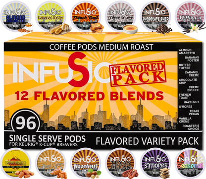 Coffee Pods Variety Pack – 96 Count, 12 Flavors, Hazelnut, S'Mores, French Toast, Bananas Foster, Crème Brûlée, No Sweeteners, Low Acid, Keurig Compatible1