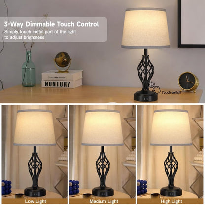 Touch Table Lamps Set of 2, Nightstand Lamp with USB Ports Bedside 3 Way Touch Dimmer Desk Lamp for Living Room Bedroom,Black Painted Spiral Cage Base Design Warm White Dimmer Bulbs Included.5