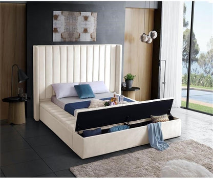 Meridian Furniture Kiki Collection Modern | Contemporary Velvet Upholsterd Bed with Channel Tufting, Siderails and Footboard Storage Compartments, King, Cream5